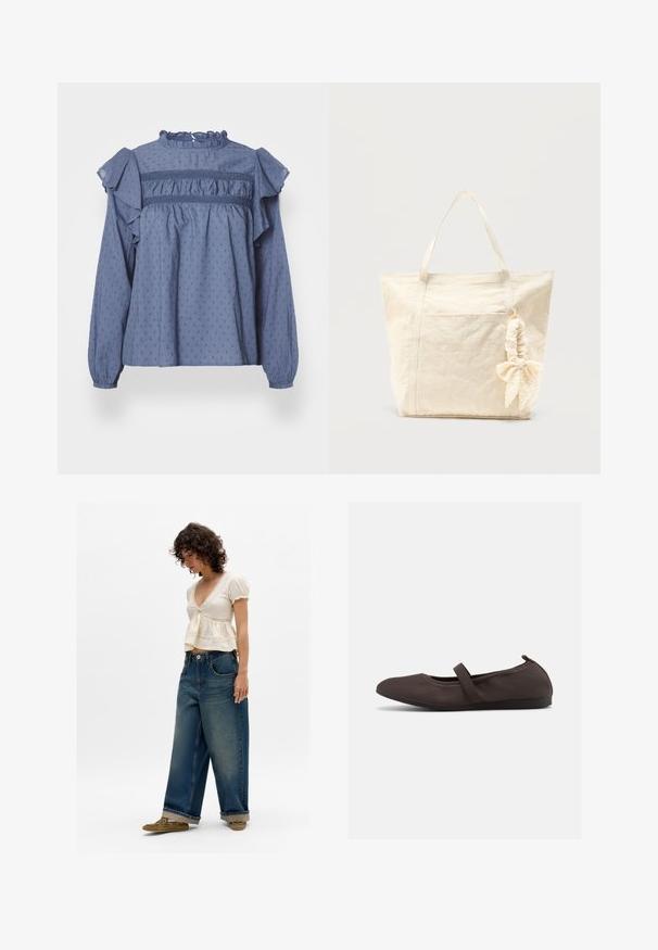 Blauwe katoenen blouse met een rimpelnek en schouders, voorzien van een gestructureerd stippenpatroon en geplooide details langs de schouderpas en mouwen.; Vrouw in een crèmekleurig T-shirt met korte mouwen en V-hals met kantdetails, losse wijde blauwe jeans met omgeslagen zoom en olijfgroene schoenen, staand op een witte achtergrond.; Bruine ballerinaschoen met elastische band en ronde neus, getoond op een witte achtergrond, zijaanzicht.; Beige canvas boodschappentas met twee handvatten en een scrunchie met strik bevestigd aan één handvat, tegen een effen achtergrond.