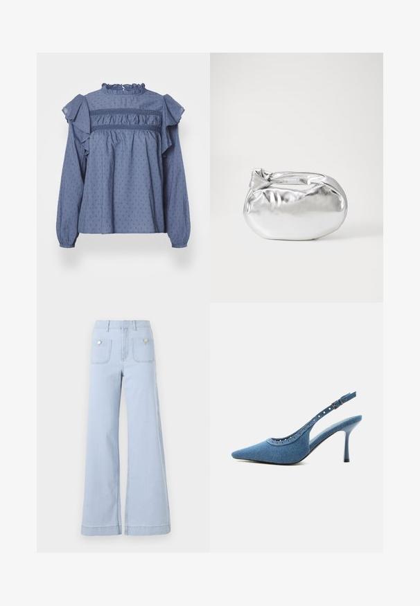 Blusa de algodón azul con un escote y hombros con volantes, que presenta un patrón de puntos texturizados y detalles fruncidos a lo largo del volante y las mangas.; Jeans de pierna ancha azul claro, confeccionados en denim, con una cintura alta, grandes bolsillos frontales y detalles metálicos en los bolsillos traseros.; Zapato de tacón alto con puntera puntiaguda, trasera tipo slingback en denim azul con detalles de ojales plateados y correa ajustable con hebilla.; Bolsa de pouch metálica plateada con una forma suave y redondeada y un cierre en la parte superior con un nudo. Hecha de un material de imitación de cuero suave.
