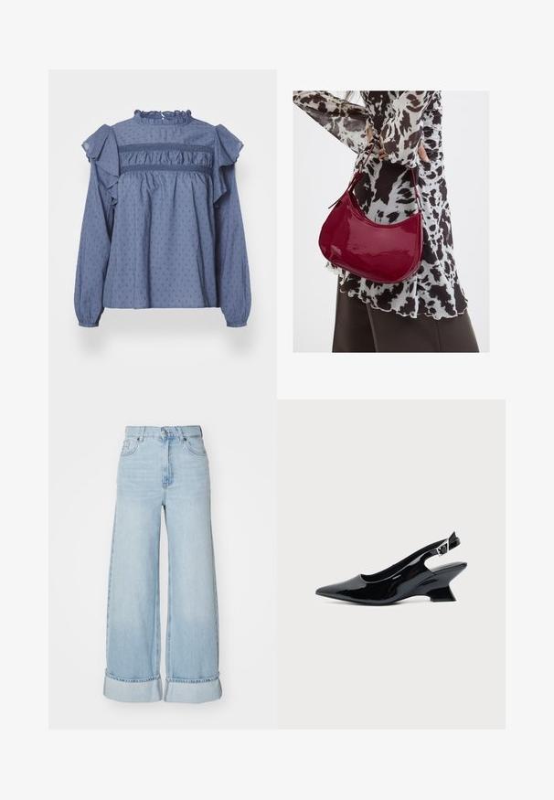 Blauwe katoenen blouse met een rimpelnek en schouders, voorzien van een gestructureerd stippenpatroon en geplooide details langs de schouderpas en mouwen.; Lichtblauwe wijde jeans met een hoge taille, opgerolde boorden en klassieke denim structuur. Heeft voorzakken en een ritssluiting.; Zwarte lakleren slingback schoen met spitse neus en lage schuine blokhak op een effen lichte achtergrond.; Vrouw met een zwart-wit gebloemde blouse houdt een glanzende rode schoudertas vast tegen een effen achtergrond.