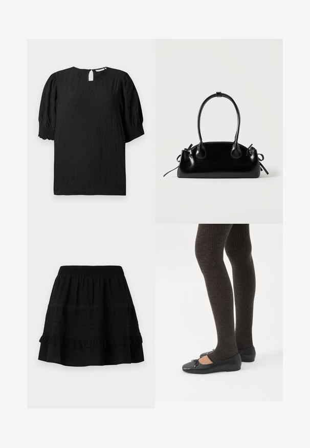 Schwarze, strukturierte Bluse mit rundem Ausschnitt, kurzen Puffärmeln und einem Schlüssellochverschluss auf der Rückseite. Verfügt über ein dezentes Karomuster im ganzen.; Schwarzer Baumwollrock mit einem gestuften Rüschendesign, ausgestattet mit einem elastischen Bund und Verzierungen aus kontrastierenden Nähten und Spitzenbändern.; Beine in dunklen, gerippten Leggings kombiniert mit schwarzen Ballerinas mit kleinen Schleifendetails auf weißem Hintergrund.; Kleine schwarze glänzende Handtasche mit zwei langen Griffen und seitlichen Kordelzug-Details vor einfachem hellem Hintergrund.