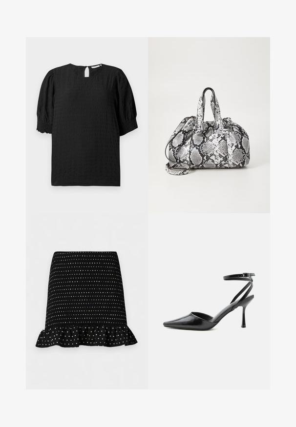 Schwarze, strukturierte Bluse mit rundem Ausschnitt, kurzen Puffärmeln und einem Schlüssellochverschluss auf der Rückseite. Verfügt über ein dezentes Karomuster im ganzen.; Schwarzer Minirock mit weißen Polka-Dots, geraffter Textur und Rüschensaum vor hellem, schlichtem Hintergrund.; Schwarzer spitzer High Heel mit dünnen Knöchelriemen und silberner Schnalle auf einfachem hellem Hintergrund.; Schwarz-weiße Handtasche im Schlangenhautmuster mit zwei Griffen, einem Kordelzugverschluss und einem abnehmbaren Schultergurt. Glatte Textur.