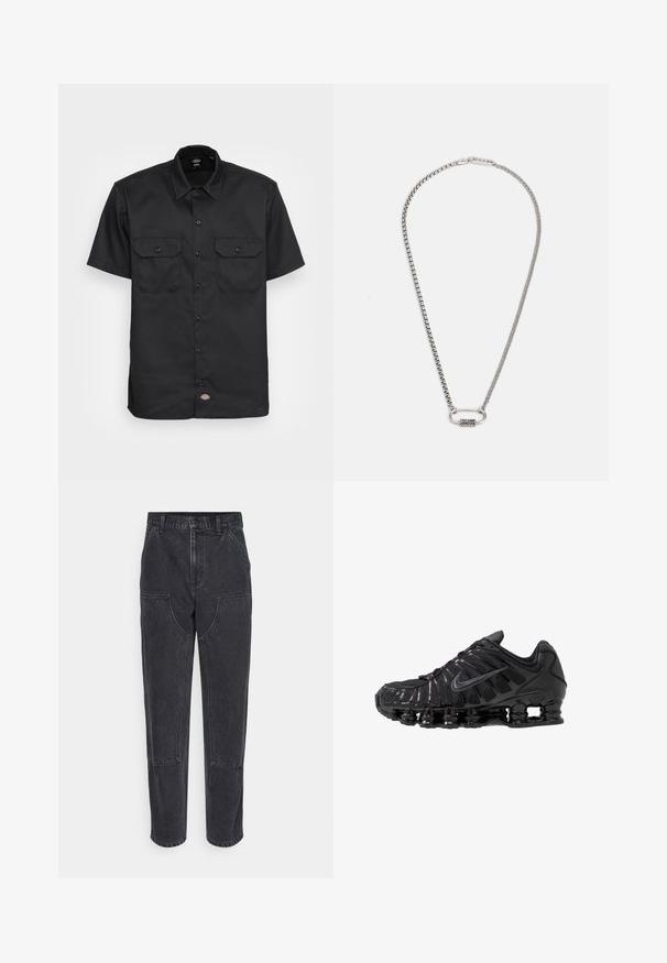 Chemise noire à manches courtes en tissu lisse ; présente deux poches poitrine avec rabat, fermeture à bouton et un col classique.; Jeans en denim noir à taille haute, coupe droite et grandes poches avant. Présente des coutures contrastées et aucun logo visible.; Chaussures de sport noires en mesh et matériaux synthétiques, présentant un design ondulé distinct, une semelle en caoutchouc noire et des accents réfléchissants.; Collier en chaîne en argent avec un fermoir ovale lisse et un accent texturé. Les maillons sont uniformes et polis, créant une apparence élégante.