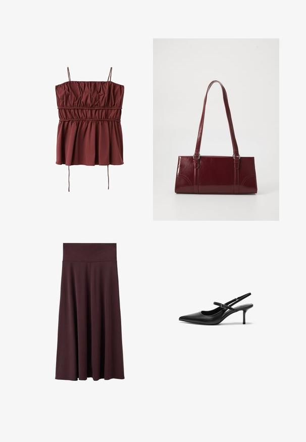 Haut bordeaux sans manches avec fines bretelles, bandes élastiques froncées au niveau de la poitrine et de la taille, et un ourlet évasé avec deux liens pendants.; Jupe midi bordeaux en tissu doux avec une large ceinture élastique. Présente une coupe fluide qui se resserre légèrement vers l'ourlet.; Talons aiguilles noires en cuir avec un bout pointu, une fine bride réglable, et un talon aiguille d'environ 5 cm, texture lisse.; Sac à main bordeaux en matériau brillant, de forme rectangulaire, avec deux anses et des accents légèrement courbés à l'avant.