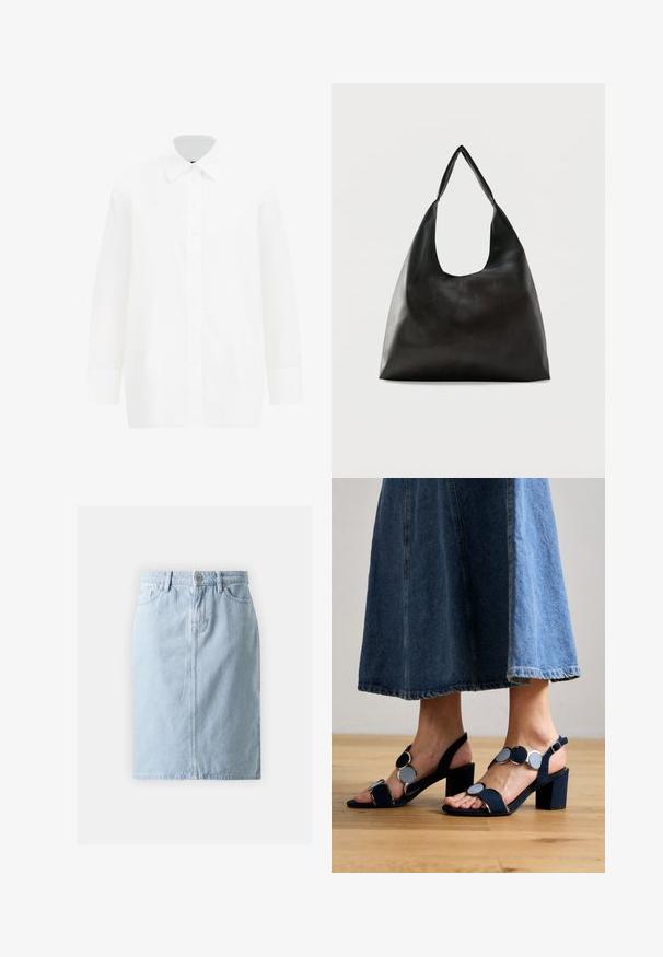 Witte lange mouwen button-up shirt. Kenmerkt zich door een klassieke kraag, soepel katoenmateriaal, rechte snit en knoopsluiting aan de voorkant.; Lichtblauwe denimrok met een rechte snit, voorzakken en een enkele knoopsluiting in de taille. Glad oppervlak met minimale stiksels.; Marco Tozzi Sandalen - navy; Zwarte schoudertas van glad leer met een brede, enkele band en een nonchalant, minimalistisch ontwerp tegen een effen achtergrond.
