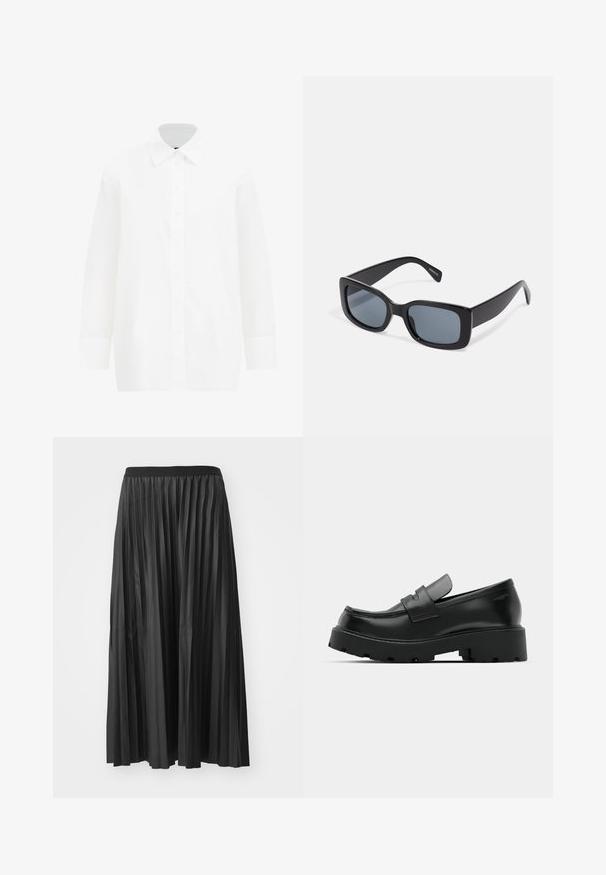 Witte lange mouwen button-up shirt. Kenmerkt zich door een klassieke kraag, soepel katoenmateriaal, rechte snit en knoopsluiting aan de voorkant.; Zwarte geplisseerde maxi rok met een gladde textuur en een elastische tailleband, met verticale plooien die volume en beweging creëren.; Zwarte leren instappers met een chunky, gestructureerde zool, voorzien van een band over de voet en een gladde, gepolijste afwerking.; Zwarte rechthoekige zonnebril met donkere getinte lenzen, een dik plastic montuur en brede scharnieren. Glad oppervlak en hoekig ontwerp.