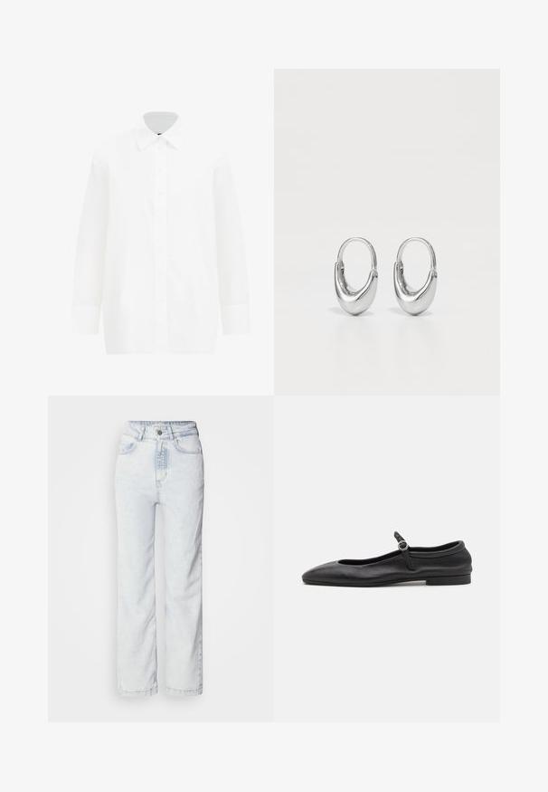 Hvid langærmet skjorte med knapper. Har en klassisk krave, glat bomuldsstof, lige snit og knaplukning foran.; Lysblå højtaljede jeans med lige ben, lavet af denim. Har en knapåbning, fem-lomme design og en diskret falmet tekstur.; Sorte læder balletflade med en rund tå, smal vamp og en lille ankelrem med en cirkulær spænde. Lav, flad sål.; Sølv hoops øreringe med en buet, tårnformet skulptur og poleret finish. Har en sikker lås og glat overflade.
