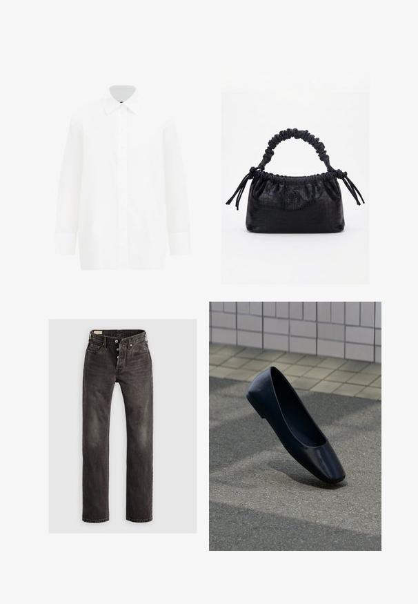 Hvid langærmet skjorte med knapper. Har en klassisk krave, glat bomuldsstof, lige snit og knaplukning foran.; Mørkegrå lige ben jeans lavet af denim, der har en knaplukning, fem-lommemodel og subtile falmede detaljer på stoffet.; Sort læder flad sko, stående opret på en asfaltbelægning nær en flisebelagt fortovskant.; Sort taske med krokodilletekstur, rynket øverste kant, samlet hank og snore med kvaster på hver side mod en hvid baggrund.