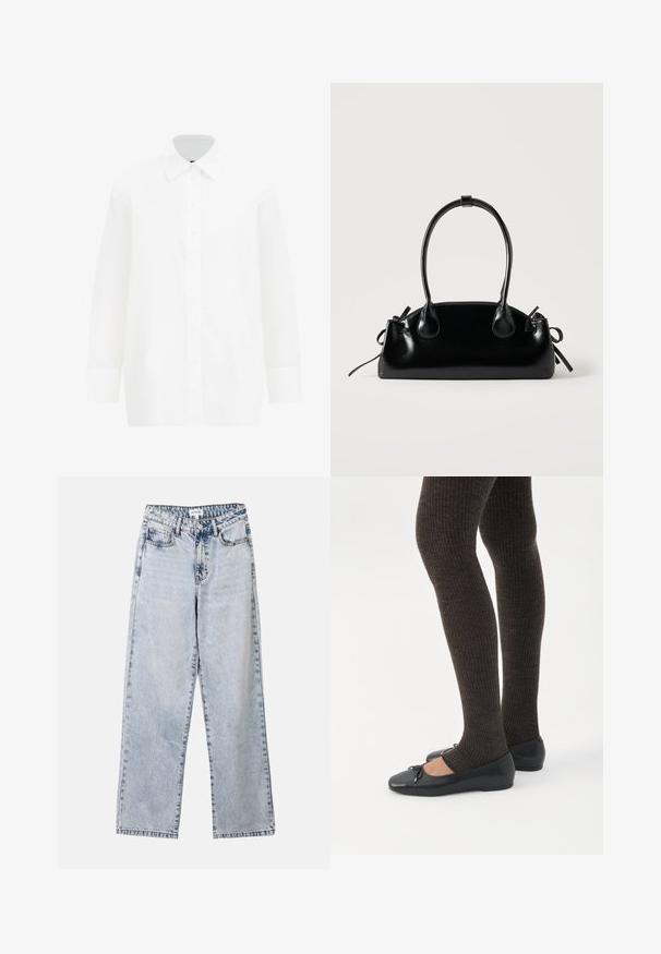 Hvid langærmet skjorte med knapper. Har en klassisk krave, glat bomuldsstof, lige snit og knaplukning foran.; Lysblå lige ben jeans lavet af denim, med to frontlommer, en knaplukning og kontraststing langs sømmene.; Ben iført mørke ribbede leggings kombineret med sorte balletsko med små sløjfedetaljer på hvid baggrund.; Lille sort blank håndtaske med to lange håndtag og snøre-detaljer i siden på en ensfarvet lys baggrund.