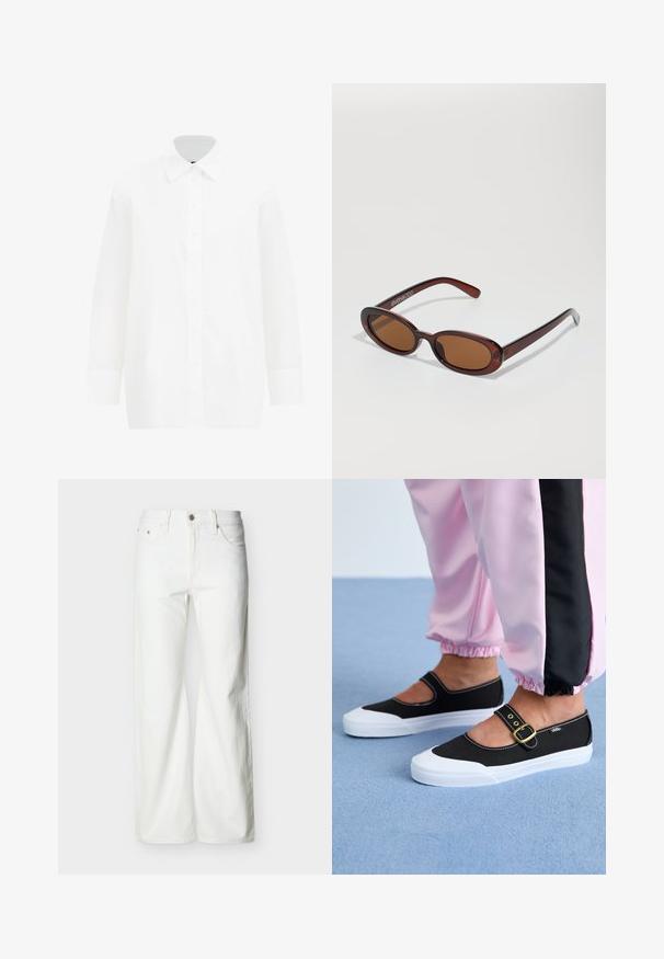 Hvid langærmet skjorte med knapper. Har en klassisk krave, glat bomuldsstof, lige snit og knaplukning foran.; Hvide jeans med høj talje og lige ben, med forreste knap, lynlåslukning samt sidelommer og baglommer, mod en ensartet lys baggrund.; Sorte lærredssko med en hvid sål, der har et udskæringsdesign og et guldspænde. Bæret med lyserøde træningsbukser.; Runde, bruntonede solbriller med en glansfuld bordeauxramme. Slanke arme med diskret brandingdetalje. Flad linsedesign.