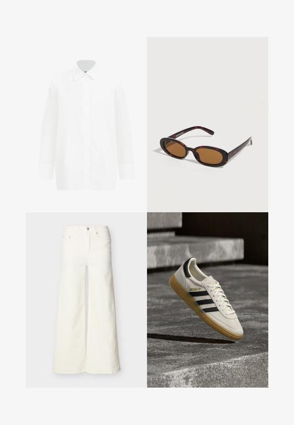 Hvid langærmet skjorte med knapper. Har en klassisk krave, glat bomuldsstof, lige snit og knaplukning foran.; Hvide denimbukser med vide ben, fem lommer og knappelukning, vist fladt mod en lys baggrund.; Hvid Adidas Spezial sneaker med sorte striber og gummisål, svævende over grå stentrin udendørs.; Ovalformede solbriller med skildpaddemønster, brune tonede linser og tynde stænger, der hviler på en hvid overflade.