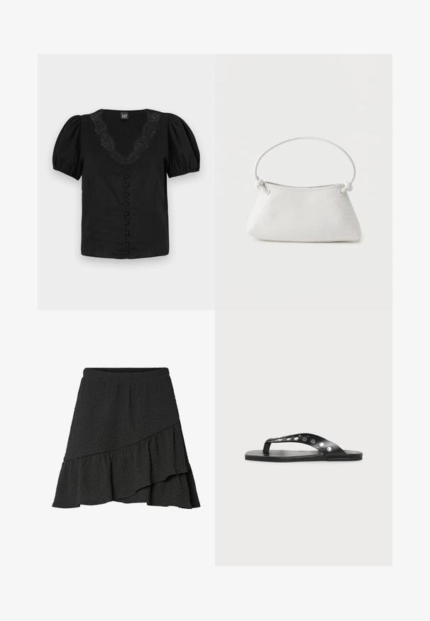 Blouse noire avec des manches bouffantes, décolleté en V avec un détail en dentelle et des boutons sur le devant doublés. Fabriquée en tissu léger, texture douce.; Jupe portefeuille noire à texture, avec ourlet asymétrique à volants et taille élastique.; Sandale plate noire type tongs avec des clous métalliques le long de la bride, vue de côté sur un fond clair uni.; Sac à main en cuir tressé blanc avec poignée arrondie et extrémités de lanière nouées, présenté sur un fond uni.