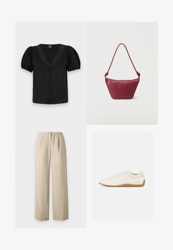 Blusa negra con mangas abullonadas, escote en V con detalle de encaje y botones frontales forrados. Fabricada en tejido ligero, de textura suave.; Pantalones de pierna ancha beige, hechos de una tela suave, con una cintura elástica fruncida y un cierre con botón en la parte delantera. Textura suave con pliegues.; Zapatilla deportiva de cuero blanco con textura suave, punta redondeada y costuras tono sobre tono. Cuenta con una suela de goma color cuero y cierre de cordones.; Pequeño bolso de cuero burdeos para el hombro con correa anudada y cierre superior con cremallera sobre un fondo claro y sencillo.