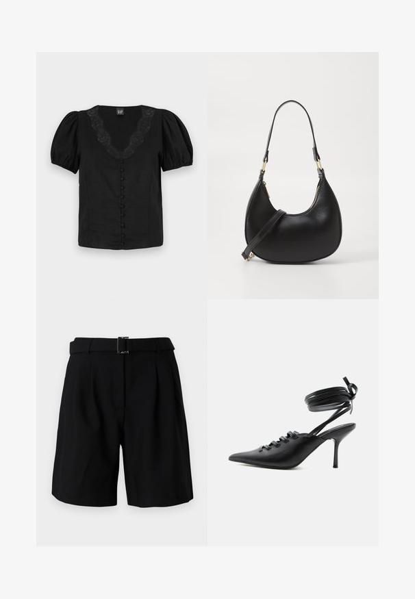 Blusa negra con mangas abullonadas, escote en V con detalle de encaje y botones frontales forrados. Fabricada en tejido ligero, de textura suave.; Pantalones cortos negros a medida con una textura suave, que presentan una cinturilla ancha y un detalle de hebilla metálica. Diseño estructurado y parte delantera con pliegues.; Zapato de tacón alto negro con punta puntiaguda, con cordones en la parte delantera y correas que rodean el tobillo atadas con un lazo, mostrado de lado sobre un fondo blanco.; Bolso de mano de cuero negro con forma curva, que cuenta con un cierre superior con cremallera, un asa corta y una correa para el hombro desmontable. Accesorios en dorado.