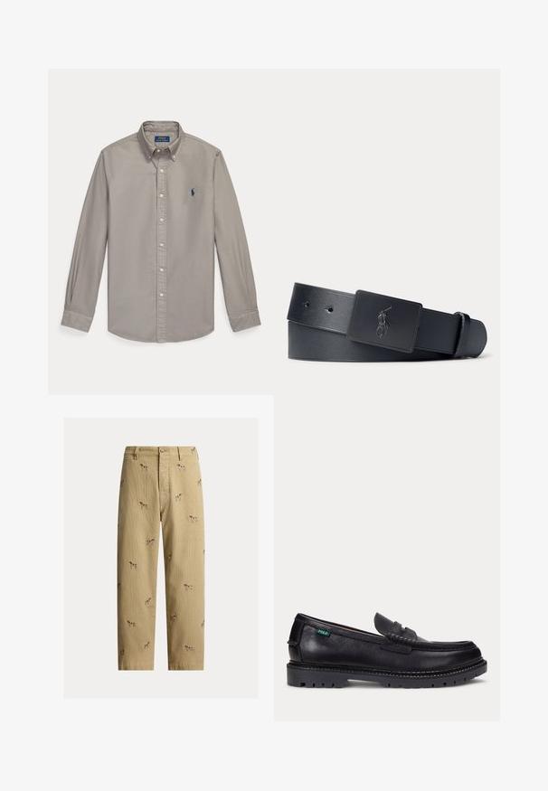 Lichtgrijs overhemd met lange mouwen, knopen, kraag en blauw Polo Ralph Lauren geborduurd logo op de linkerborst.; Beige ribfluwelen broek met geborduurde hondendesigns, rechte pijp, en vijfzakkenstijl met een knoopsluiting aan de voorkant.; Zwarte leren loafer met dikke geprofileerde zool en klein groen "Polo" label aan de buitenkant bij de hiel.; Zwarte leren riem met een zwarte rechthoekige gesp met een geperst polo-speler logo.