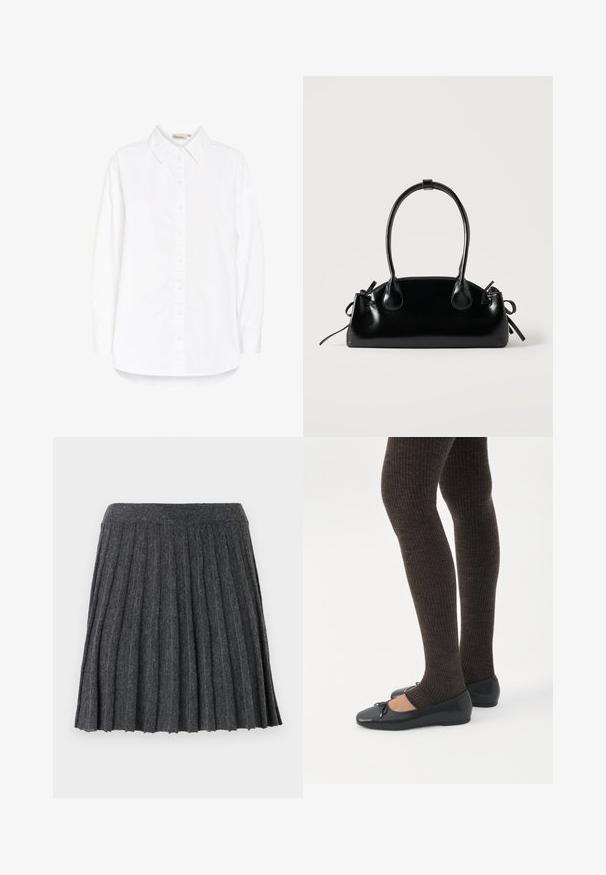 Chemise blanche à boutons avec un col pointu, des manches longues et un ourlet incurvé. Fabriquée dans un tissu lisse et léger. Brillance subtile.; Vero Moda Knitted VMMARINA Short - Minijupe - dark grey; Jambes portant des leggings côtelés foncés associés à des ballerines noires avec de petits détails en nœud sur fond blanc.; Petit sac à main noir brillant avec deux longues anses et des détails à cordon sur les côtés sur un fond clair uni.