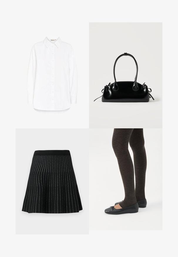 Chemise blanche à boutons avec un col pointu, des manches longues et un ourlet incurvé. Fabriquée dans un tissu lisse et léger. Brillance subtile.; Jupe noire en mailles texturées avec des rayures argentées en zigzag, conçue avec une silhouette évasée et une taille noire solide.; Jambes portant des leggings côtelés foncés associés à des ballerines noires avec de petits détails en nœud sur fond blanc.; Petit sac à main noir brillant avec deux longues anses et des détails à cordon sur les côtés sur un fond clair uni.