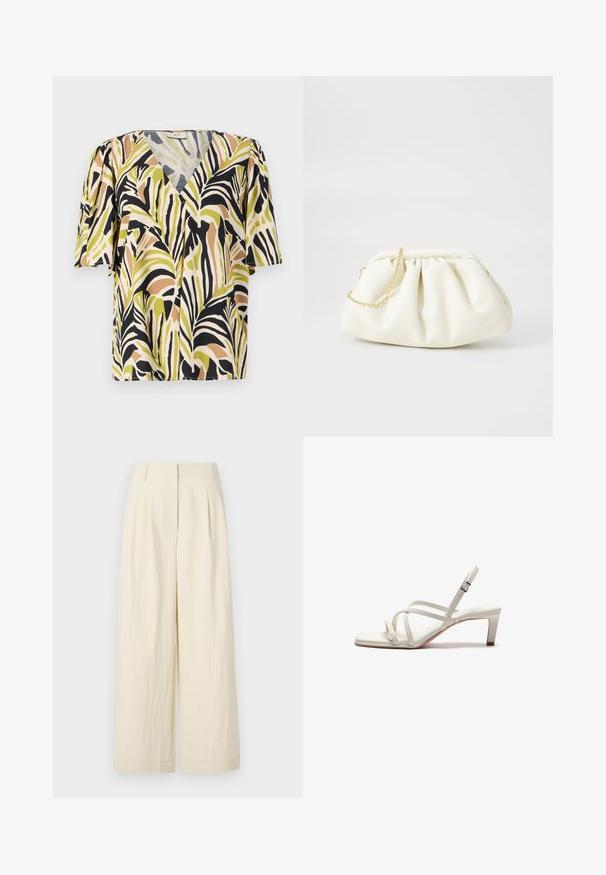 Blouse à manches courtes avec un décolleté en V profond, présentant un motif de feuilles de palmier multicolore dans des teintes de vert, noir et marron sur un fond clair.; Pantalons à jambes larges couleur crème en tissu texturé. Présentent des plis sur le devant et une taille haute, offrant un ajustement ample tout au long.; Zign by Zalando Escarpins - off white; Sac à main en cuir blanc avec un design plissé, doté d'une bandoulière en chaîne dorée et d'une forme arrondie. Texture lisse avec des plis doux et sans motifs.