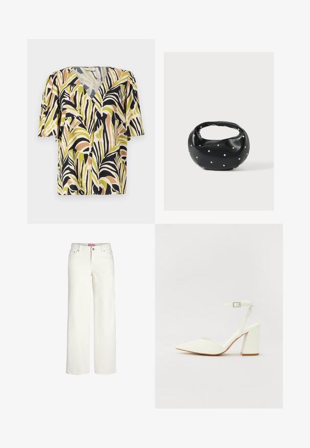 Blouse à manches courtes avec un décolleté en V profond, présentant un motif de feuilles de palmier multicolore dans des teintes de vert, noir et marron sur un fond clair.; Jean large blanc en denim avec une texture lisse. Comprend cinq poches, une fermeture à bouton et un design taille légèrement haute.; Sandale blanche à talon avec un bout pointu, sangle de cheville réglable et un talon carré épais. Texture lisse avec des détails de couture minimaux.; Sac à main en cuir noir de forme arrondie, décoré de clous argentés et équipé d'une poignée courte. Texture lisse et fermeture éclair.