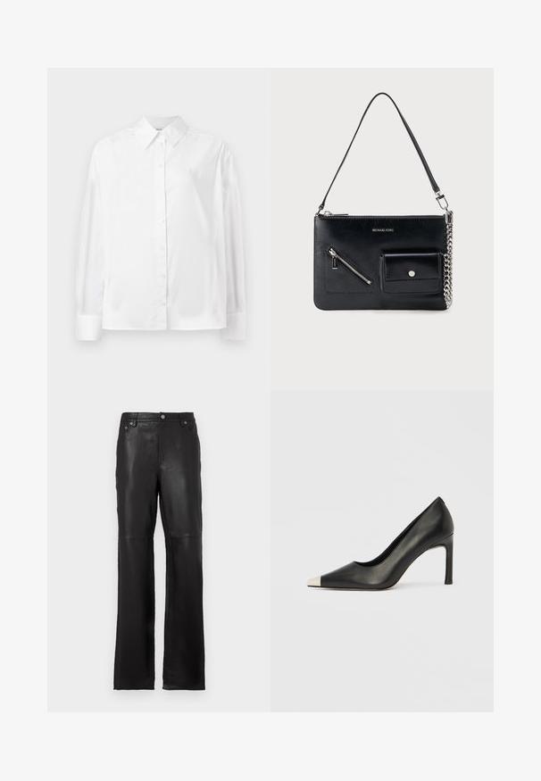 Camisa blanca de manga larga con botones, hecha de una suave mezcla de algodón. Cuenta con un cuello clásico, cierre frontal con botones y puños redondeados.; Pantalones de piel negra con un diseño de pierna recta, bolsillos frontales y acentos de botón metálico. Textura suave con costuras limpias.; Zapato de tacón alto de cuero negro con punta en forma de pico y una tapa metálica plateada. Presenta un acabado suave y un tacón delgado de 10 cm.; Bolso de hombro de cuero negro de Michael Kors con cremallera superior, bolsillo diagonal en la parte frontal con cremallera, bolsillo con solapa y botón a presión, y detalle de cadena plateada.