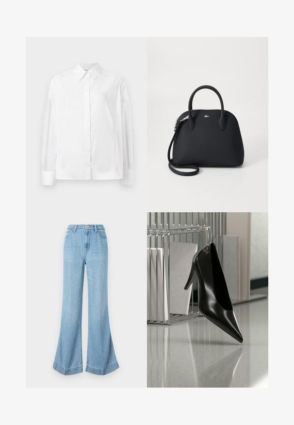 Chemise blanche à manches longues, en mélange de coton lisse. Présente un col classique, une fermeture à boutons sur le devant et des poignets arrondis.; Jeans en denim bleu clair à jambe large, taille haute avec une fermeture à boutons, présentant une finition soignée et un ourlet évasé avec des fentes sur les côtés.; Chaussure noire à talon haut avec bout pointu et logo doré, posée sur une surface réfléchissante près d'un organiseur de dossiers en fil chromé contenant des documents.; Sac à main noir en matériau texturé, doté de deux poignées supérieures et d'une bandoulière amovible, avec un accent logo en argent.