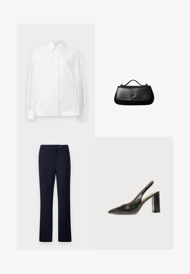 Camisa blanca de manga larga con botones, hecha de una suave mezcla de algodón. Cuenta con un cuello clásico, cierre frontal con botones y puños redondeados.; Pantalones ajustados de color azul marino hechos de una tela suave, con un frente plano, piernas rectas y un sutil acento plateado en la cintura.; Zapato slingback de piel negra con puntera puntiaguda, tacón alto y ancho, y forro interior beige sobre un fondo claro y liso.; Bolso de mano negro de piel con un asa pequeña, logo "cK" en tono dorado en la solapa frontal y detalles de herrajes dorados.