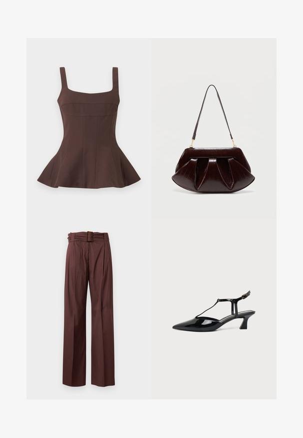 Haut péplum marron sans manches avec encolure carrée et corsage ajusté, présentant des détails de coutures verticales et un ourlet évasé.; Pantalon marron taille haute à jambes larges, devant plissé et ceinture assortie avec boucle rectangulaire en écaille.; Chaussure slingback en cuir verni noir à bout pointu avec bride en T et petit talon bloc incliné sur fond blanc.; Sac à main en cuir marron foncé avec plis froncés, ferrures dorées et une seule bandoulière, sur un fond clair uni.