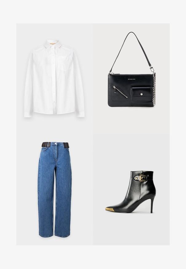 Chemise blanche à manches longues, boutonnée, avec col et poche poitrine, présentée sur un fond clair uni.; Jean bleu droit avec poches latérales, fermeture à boutons sur le devant, et ceinture élastique noire à motif rayé.; Bottine noire en cuir brillant, avec un bout pointu, un talon aiguille, et des accessoires dorés ornés d'une boucle décorative.; Sac à bandoulière en cuir noir Michael Kors avec fermeture éclair supérieure, poche avant zippée en diagonale, poche à rabat avec bouton-pression et détail en chaîne argentée.