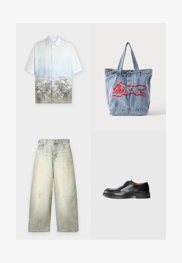 Chemise à manches courtes boutonnée avec un dégradé bleu ciel vers un motif floral et de champ d’herbes en bas.; Jean en denim gris délavé à jambes larges, taille haute, fermeture à boutons devant, poches et détails légèrement usés.; Chaussure de ville en cuir noir avec un bout arrondi, surface lisse, détails en dentelle et une semelle en caoutchouc texturée basse. Lignes épurées et design minimal.; Sac fourre-tout en denim bleu clair avec deux poignées et un contour rouge représentant un dessin animé d'animal courant sur le devant.
