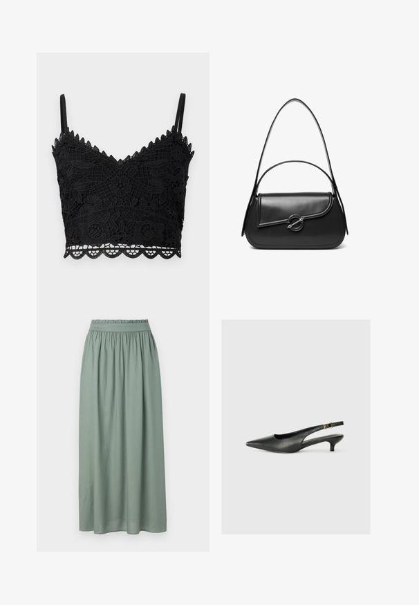 Μαύρο δαντελένιο bralette με ανθισμένο σχέδιο, κο scalloped άκρα, ρυθμιζόμενες τιράντες και υφή υφάσματος. Ελαφρύ και εφαρμοστό σχέδιο.; Μάξι φούστα από μαλακό πράσινο ύφασμα, με ελαστική μέση και ρέουσα σχεδίαση. Λείο υλικό χωρίς εμφανή σχέδια ή λεπτομέρειες.; Μαύρο παπούτσι slingback με μυτερή μύτη, κατασκευασμένο από λείο δέρμα. Διαθέτει λεπτό τακούνι και λεπτομέρεια με αγκράφα στη ρυθμιζόμενη λωρίδα.; Μαύρη δερμάτινη τσάντα ώμου με καμπυλωτό καπάκι που ασφαλίζει με στρογγυλό μεταλλικό κούμπωμα και λεπτό, ρυθμιζόμενο λουράκι.