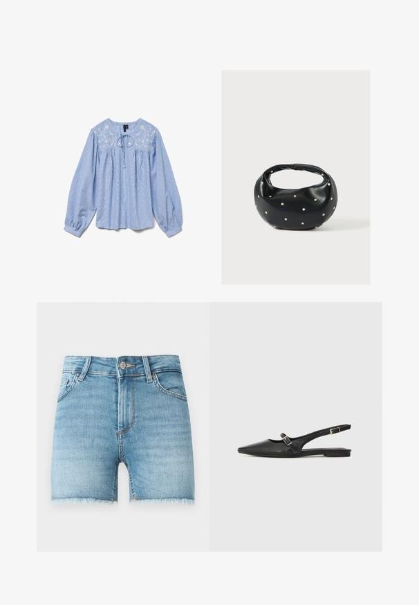 Lyseblå bluse med broderede blomsterdetaljer, lange ballonærmer, rund halsudskæring og en snor ved halsen, tekstureret stof.; Lette blå denimshorts med rå kant, fem lommer og lukning med knap foran. Har let falmede områder og en klassisk snit.; Sorte læder slingback-sko med spids tå, med en smal rem og en sølvspænde-detalje på siden. Flad sål.; Sort læderhåndtaske med en rundet form, dekoreret med sølvnitter, og et kort håndtag. Glat tekstur og lynlåslukning.