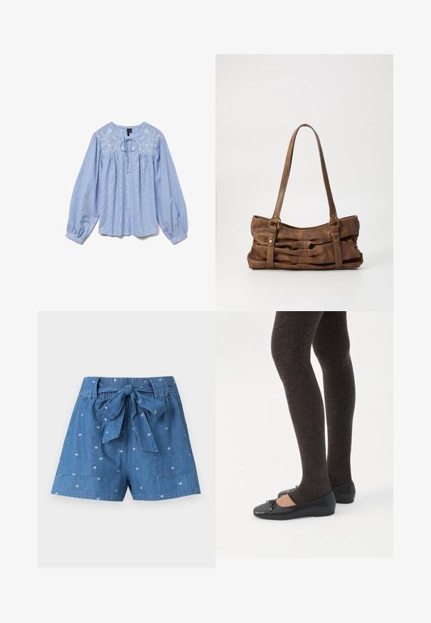 Lyseblå bluse med broderede blomsterdetaljer, lange ballonærmer, rund halsudskæring og en snor ved halsen, tekstureret stof.; Blå denimshorts med små hvide blomsterprint, elastisk talje, store forlommer og et bundet stofbælte i taljen.; Ben iført mørke ribbede leggings kombineret med sorte balletsko med små sløjfedetaljer på hvid baggrund.; Even&Odd by Zalando Håndtasker - brown