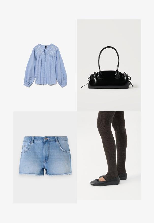 Lyseblå bluse med broderede blomsterdetaljer, lange ballonærmer, rund halsudskæring og en snor ved halsen, tekstureret stof.; Lysblå denimshorts med frynset kant, fem-lomme-design og metalknaplukning i taljen.; Ben iført mørke ribbede leggings kombineret med sorte balletsko med små sløjfedetaljer på hvid baggrund.; Lille sort blank håndtaske med to lange håndtag og snøre-detaljer i siden på en ensfarvet lys baggrund.