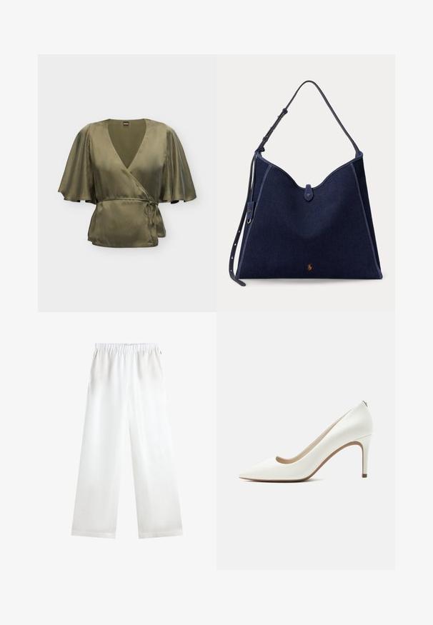 Blouse portefeuille en soie vert olive avec larges manches volantées et ceinture à nouer sur le côté, conçue par Boss, présentée sur fond blanc.; Pantalon blanc à jambes larges avec taille élastique et ourlet droit, présenté sur un fond blanc uni.; Escarpin blanc en cuir à bout pointu avec talon aiguilles fin et haut, finition lisse, vu de profil sur fond clair uni.; Grand sac cabas bleu foncé avec bandoulière réglable et petit logo cheval doré au centre en bas.