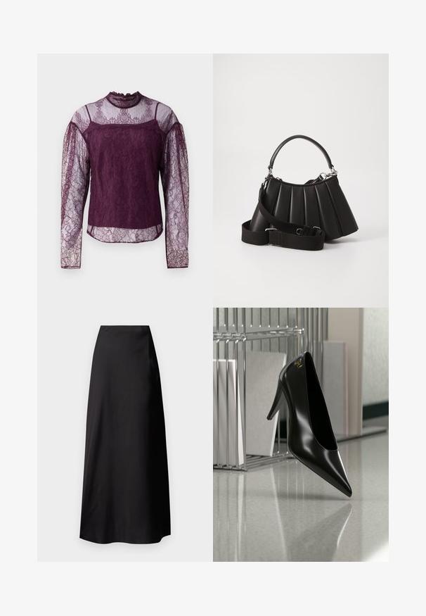 Blouse en dentelle violette à manches longues avec des sections transparentes sur les manches et le haut de la poitrine, dotée d'un col haut et de motifs floraux complexes.; Jupe maxi en satin noir avec une texture lisse, taille haute, silhouette fluide et sans motifs ni détails en métal visibles.; Chaussure noire à talon haut avec bout pointu et logo doré, posée sur une surface réfléchissante près d'un organiseur de dossiers en fil chromé contenant des documents.; Sac à main plissé noir avec une poignée arrondie, une bandoulière réglable et une texture brillante. Présente des accessoires en argent et une silhouette structurée.