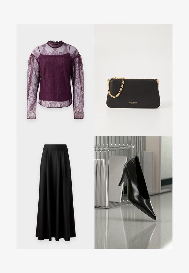 Blusa de encaje morado de manga larga con secciones transparentes en las mangas y en la parte superior del pecho, con un cuello alto y patrones florales intrincados.; Falda negra de longitud completa con una textura suave, cinturilla ancha y diseño plisado, sin patrones o adornos visibles.; Zapato de tacón alto negro con punta afilada y logo dorado, colocado sobre una superficie reflectante cerca de un organizador de archivos de alambre cromado con documentos.; Clutch de cuero negro con una correa de cadena dorada. Presenta un cierre con cremallera y el nombre de la marca en relieve en dorado en la parte frontal. Textura suave, forma rectangular.
