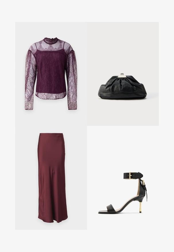 Paarse kanten blouse met lange mouwen en doorzichtige gedeelten op de mouwen en bovenste borst, met een hoge hals en ingewikkelde bloemenpatronen.; Bordeaux satijnen maxirok met een aansluitende taille en een uitlopende zoom, voorzien van een gladde textuur en zonder zichtbare patronen of versieringen.; Zwarte leren sandalen met hak en vierkante neus, enkelband met een gouden gesp en een slanke metalen hak. Soepele textuur, minimalistisch ontwerp.; Zwarte leren clutch met een geplooide textuur, metalen sluiting en een subtiel geperst logo aan de voorkant. Afgeronde vorm.