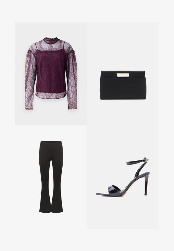Lila Spitzenbluse mit langen Ärmeln und durchsichtigen Bereichen an den Ärmeln und dem oberen Brustbereich, mit hohem Kragen und filigranen Blumenmustern.; Schwarze Schlaghosen mit einem taillierten Bund und glattem Stoff, aufrecht vor einem weißen Hintergrund präsentiert.; Schwarze Sandalette aus Lackleder mit hohen Absätzen, offenem Zehenbereich, Knöchelriemen und Schnallenverschluss, seitlich auf weißem Hintergrund dargestellt.; Schwarze Leder-Clutch mit rechteckiger Form. Verfügt über einen metallischen Griffakzent am Verschluss, eine glatte Textur und ein minimalistisches Design.