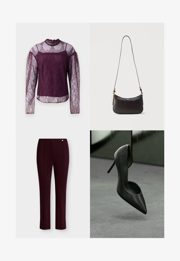 Lila Spitzenbluse mit langen Ärmeln und durchsichtigen Bereichen an den Ärmeln und dem oberen Brustbereich, mit hohem Kragen und filigranen Blumenmustern.; Dunkel-burgunderrote, maßgeschneiderte Hose mit vorderen Nähten, geradem Bein, Bund, Knopfverschluss und einem kleinen runden Metall-Detail nahe der Taille.; Schwarzer Leder-High-Heel-Schuh mit spitzem Loch und geschwungener Kragenlinie, ausgestattet mit einem schlanken Stiletto-Absatz und glatter, glänzender Oberfläche.; Schwarze Lederschultertasche mit goldenem Reißverschluss, goldenem "BOSS"-Logo und verstellbarem Riemen auf einfachem hellem Hintergrund.