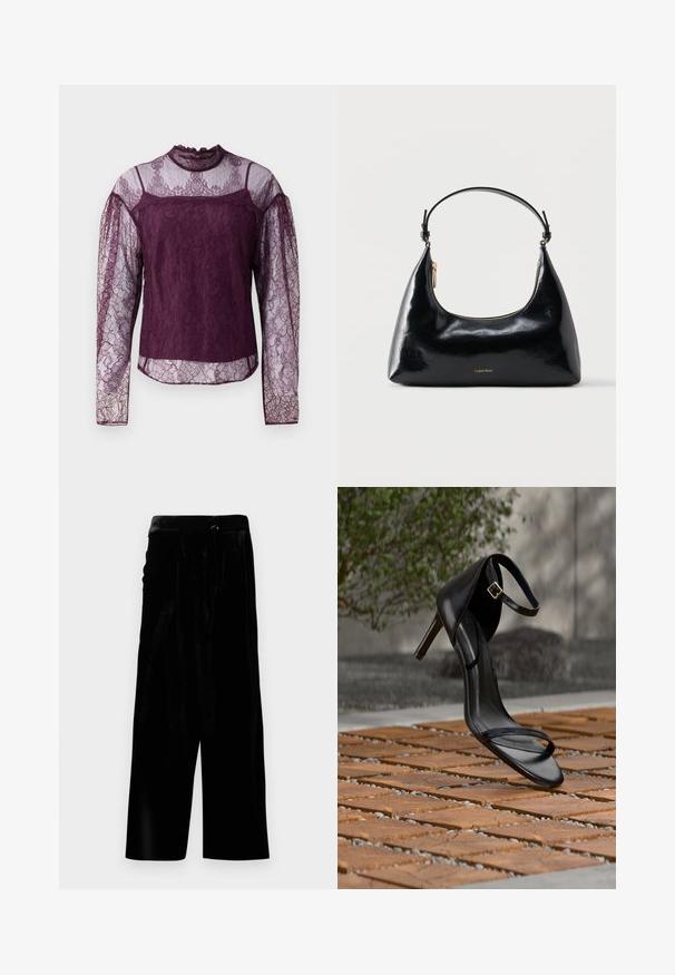 Blouse en dentelle violette à manches longues avec des sections transparentes sur les manches et le haut de la poitrine, dotée d'un col haut et de motifs floraux complexes.; Pantalons larges en velours noir avec une taille haute et une fermeture éclair sur le côté, présentés sur un fond blanc.; Sandale noire à talon haut avec sangle à la cheville, suspendue au-dessus d'un sol en carreaux de bois à l'extérieur, avec un arrière-plan flou de verdure et de pierre.; Sac à main Calvin Klein noir brillant avec fermeture éclair dorée et anse courte sur fond blanc uni.