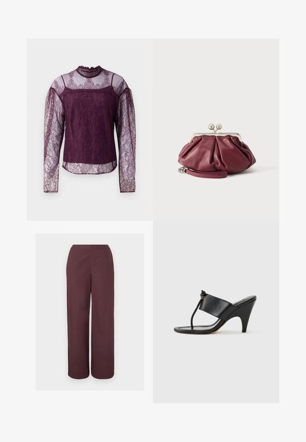 Lila Spitzenbluse mit langen Ärmeln und durchsichtigen Bereichen an den Ärmeln und dem oberen Brustbereich, mit hohem Kragen und filigranen Blumenmustern.; Braune, hoch taillierte, weit geschnittene Hosen mit glatter Vorderseite und Seitentaschen, vor einem schlichten hellen Hintergrund dargestellt.; Schwarze Sandalette mit hohem Absatz, breitem Vorderriemen und Zehenschlaufe mit einer geknoteten Kordel als Detail, seitlich auf weißem Hintergrund dargestellt.; Kleine bordeauxrote Leder-Clutch mit silbernem Metallverschluss und Handgelenksriemen auf weißem Hintergrund.