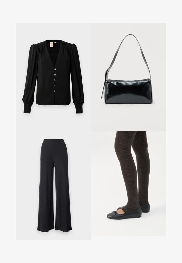 Blouse noire à manches longues avec un décolleté en V profond, cinq boutons décoratifs, détails plissés aux épaules et poignets ajustés. Tissu lisse et léger.; Pantalons larges noirs en matériau doux et extensible avec un subtil éclat, dotés d'une taille élastique et d'une coupe décontractée.; Jambes portant des leggings côtelés foncés associés à des ballerines noires avec de petits détails en nœud sur fond blanc.; Sac d'épaule rectangulaire noir avec une sangle réglable unique et une fermeture éclair supérieure sur un fond uni.