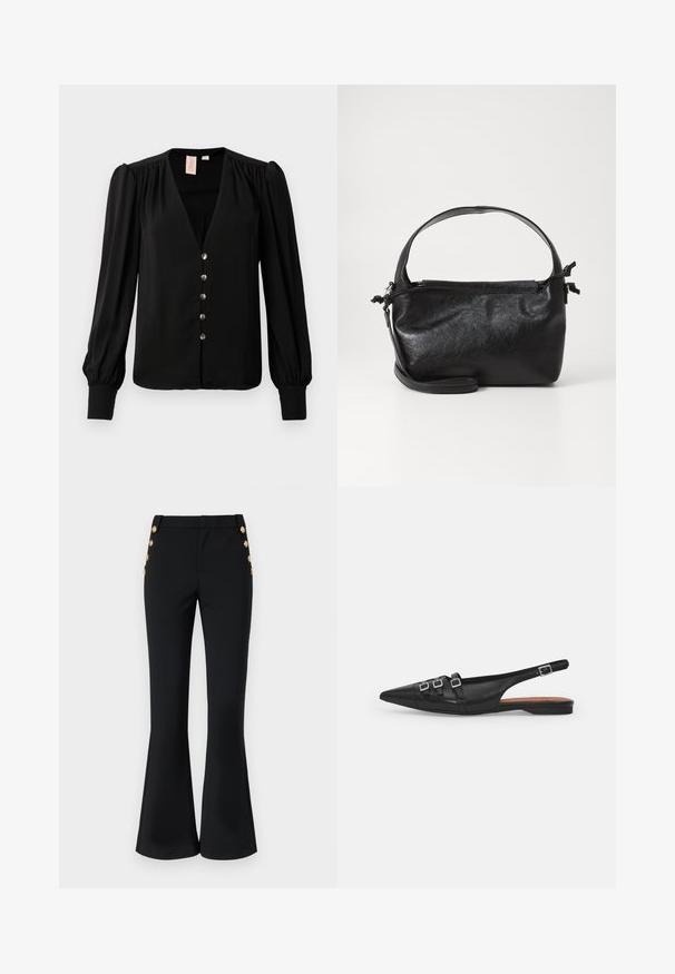 Blouse noire à manches longues avec un décolleté en V profond, cinq boutons décoratifs, détails plissés aux épaules et poignets ajustés. Tissu lisse et léger.; Pantalons évasés noirs en tissu extensible, avec une taille plate, des poches latérales et des boutons décoratifs en or le long des hanches.; Chaussure plate noire en cuir avec un bout pointu, dotée de deux lanières horizontales et de boucles carrées en argent, avec un faible talon et une texture lisse.; Sac à main en cuir noir au design structuré, avec une poignée arrondie et une bandoulière amovible. Présente une texture lisse et un éclat subtil.