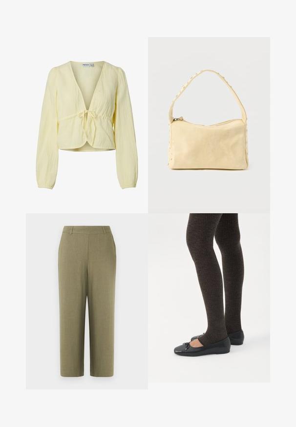 Blouse jaune clair à manches longues, col en V, fermeture avec nœud devant, et tissu texturé. L’ourlet est légèrement court. Aucune personne visible.; Pantalon droit vert olive avec taille mi-haute et passants pour ceinture, fabriqué en tissu texturé, présenté sur un fond blanc.; Jambes portant des leggings côtelés foncés associés à des ballerines noires avec de petits détails en nœud sur fond blanc.; Petit sac à main en cuir beige avec une seule bandoulière et des clous argentés le long des bords et de la bandoulière, posé sur un fond uni.