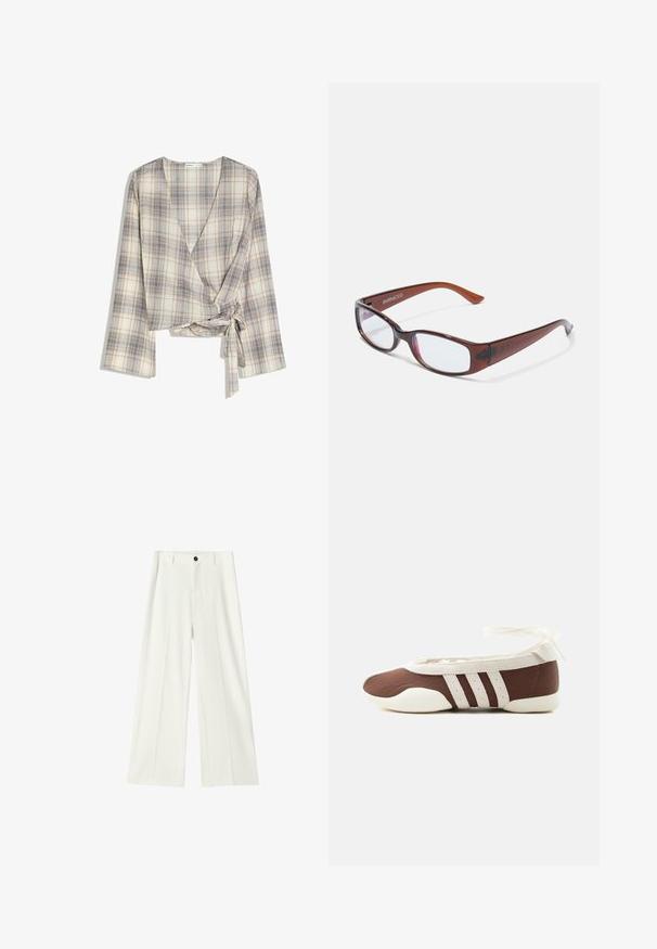 Beige en lichtblauw geruit wikkelblouse met lange mouwen en zijstriksluiting, gemaakt van lichtgewicht stof.; Witte, wijde broek met hoge taille, voorplooien, tailleband met riemlussen en een zwarte knoopsluiting.; Bruine en witte ballerinaschoenen met drie witte strepen en een strik om de enkel op een effen lichte achtergrond.; Bruin getinte rechthoekige brillen met een glanzende afwerking, met slanke pootjes en doorzichtige glazen. Logo zichtbaar op de linkertempel.