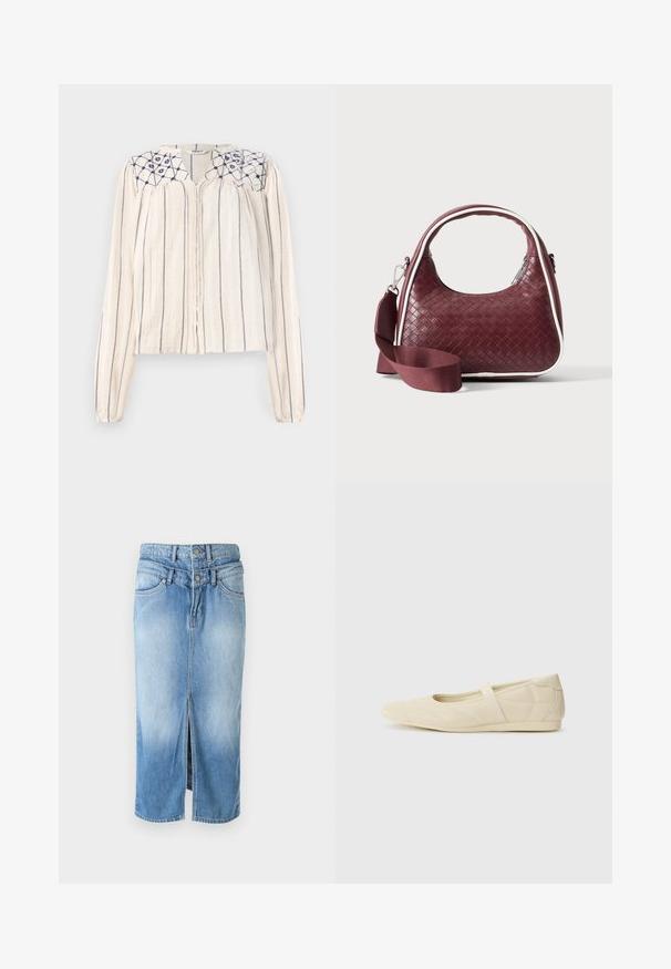 Beige blouse met lange mouwen, voorzien van marineblauwe verticale strepen, een knoopsluiting aan de voorkant en een geborduurd bloemenontwerp op de halslijn. Geweven stof.; Lichtblauwe denim rok met een voorsplit, sluiting met twee knopen, een hoge taille en een standaard vijf-pocketontwerp. Soepele textuur, halflang.; Beige ballerina's met een gladde leren buitenkant, amandelvormige punt en elastische band over de wreef, met subtiele stiksels.; Donkerrode geweven leren handtas met gebogen handvat, witte bies, zilveren rits en afneembare brede stoffen schouderriem tegen een effen achtergrond.