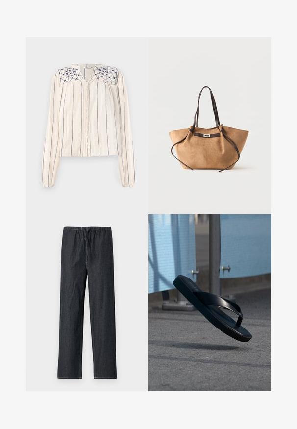 Beige langærmet bluse med navy lodrette striber, knaplukning foran og broderet blomstermotiv ved udskæringen. Struktureret stof.; Mørk denimbukser med elastisk taljebånd og snøre, med lige ben og kontrasterende syningsdetaljer.; Sort flip-flop sandal svævende i luften over asfalt, med blå stofpaneler og metalstolper i baggrunden.; Tan ruskindstaske med lange mørkebrune læderhåndtag og dekorativ rem foran mod hvid baggrund.
