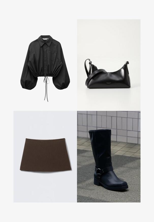 Blouse noire à boutons avec manches bouffantes surdimensionnées, une poche poitrine unique et taille cintrée avec cordon ajustable.; Jupe marron à fines rayures, coupe ajustée, texture lisse et ourlet évasé, idéale pour un look sur mesure.; Botte en cuir noire mi-mollet avec un petit talon bloc et une bride décorative avec boucle métallique autour de la cheville, sur un trottoir carrelé.; Sac à main en cuir noir avec une texture lisse. Dispose d'une bandoulière adjustable et d'un design élégant et minimaliste avec une fermeture éclair.