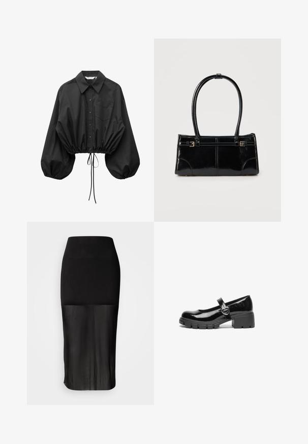 Blouse noire à boutons avec manches bouffantes surdimensionnées, une poche poitrine unique et taille cintrée avec cordon ajustable.; Jupe midi noire avec une taille ajustée, dotée d'un panneau inférieur transparent. Texture lisse avec une silhouette élégante et sans motifs visibles.; Chaussure Mary Jane en cuir verni noir avec un talon épais, un bout rond et une sangle ornée d'une boucle en forme de cœur.; Sac à main rectangulaire noir brillant avec deux fines bretelles et petits détails de boucles dorées à l'avant.
