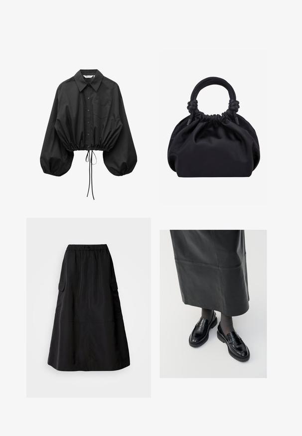 Blouse noire à boutons avec manches bouffantes surdimensionnées, une poche poitrine unique et taille cintrée avec cordon ajustable.; Jupe noire à coupe décontractée, en tissu lisse. Elle possède une taille élastique et deux poches cargo latérales. Design de longueur mi-mollet.; Mocassins en cuir noir avec une finition lisse, ornés d'une bande décorative, à bout rond et avec une semelle texturée. Portés avec une longue jupe en cuir noir.; Sac à main en tissu noir doux avec haut froncé et poignées circulaires rembourrées nouées de chaque côté.