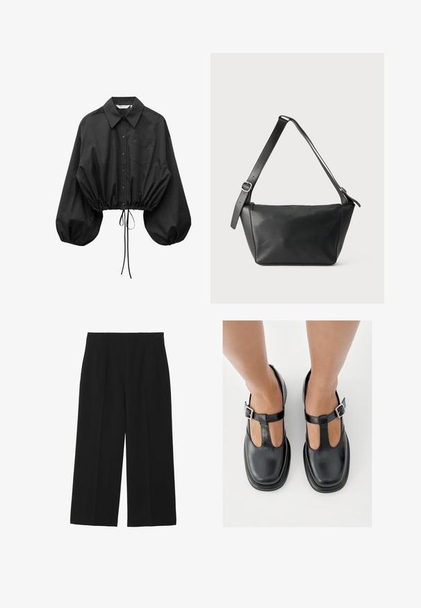 Blouse noire à boutons avec manches bouffantes surdimensionnées, une poche poitrine unique et taille cintrée avec cordon ajustable.; Pantalons larges noirs en tissu lisse, avec deux poches avant, un devant plat, et une fermeture éclair sur le côté.; Chaussures en cuir noir avec un design à bride en T, bout fermé et accents de boucles argentées. Texture lisse avec un bout arrondi et une semelle plate.; Sac à bandoulière en cuir noir avec une large sangle réglable et une boucle argentée, présenté sur un fond clair uni.